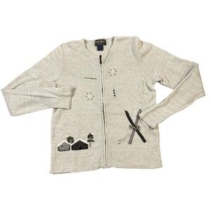 Woolrich Womens Sz S Cardigan‎ Sweater Embroidered British Tan Full Zip